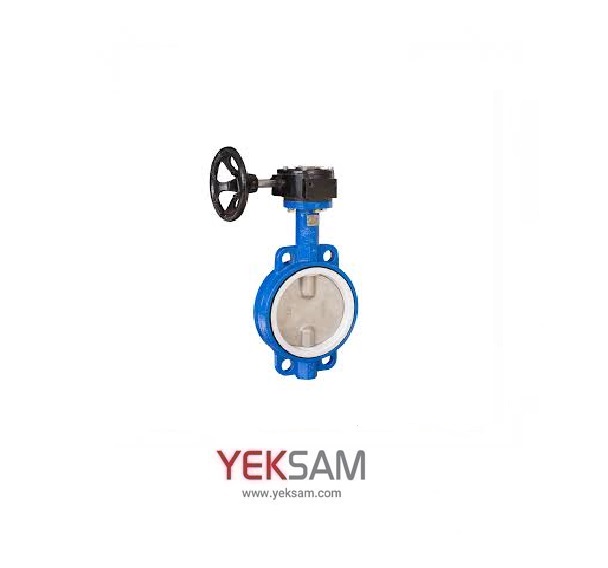 شیر پروانه ای ویفری تفلونی لاینر PTFE سایز 10 اینچ دیسک استیل 316 گیربکسی